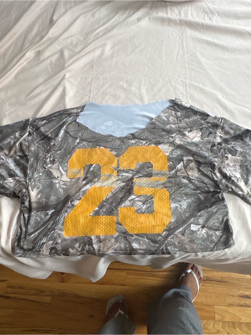 Gray Camouflage Men’s Shirt with Yellow '23' Graphic